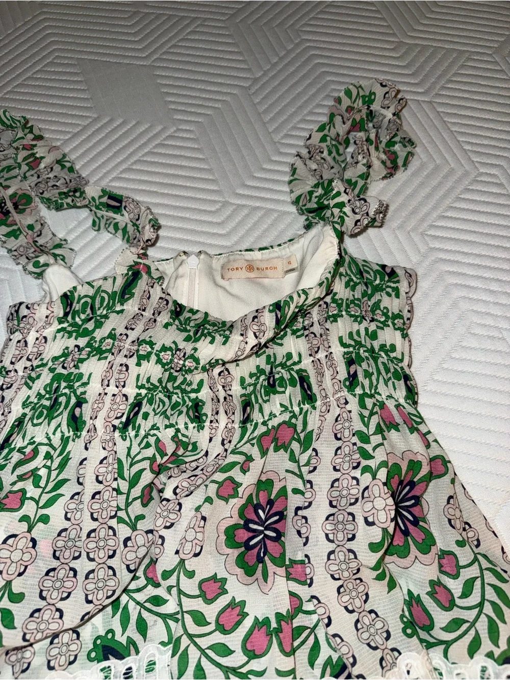 Tory Burch Floral Lace-Trim Green & White Sleeveless, Airy, Lace & Delicate